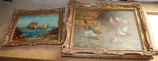 4 oil paintings of chickens and marine scenes and 2 others(-)